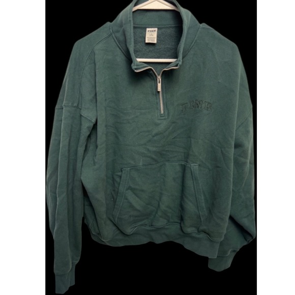 PINK Victoria's Secret Tops - PINK Victoria's Secret Quarter Zip Pullover Sweatshirt Green Embroiderd M Sporty